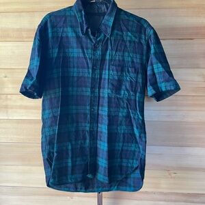 Men's Short-Sleeve Wool Plaid Button-Down Shirt Blue and Green